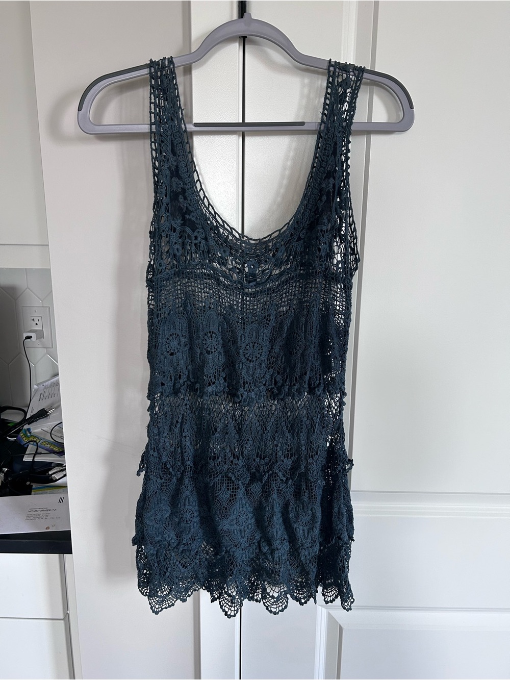 Solitaire by Ravi Khosla Deep Teal Crochet Lace Tunic Tank Top Boho Chic Layer